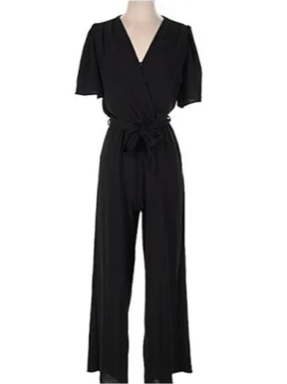Black Wide-Leg Wrap Jumpsuit with Tie Waist